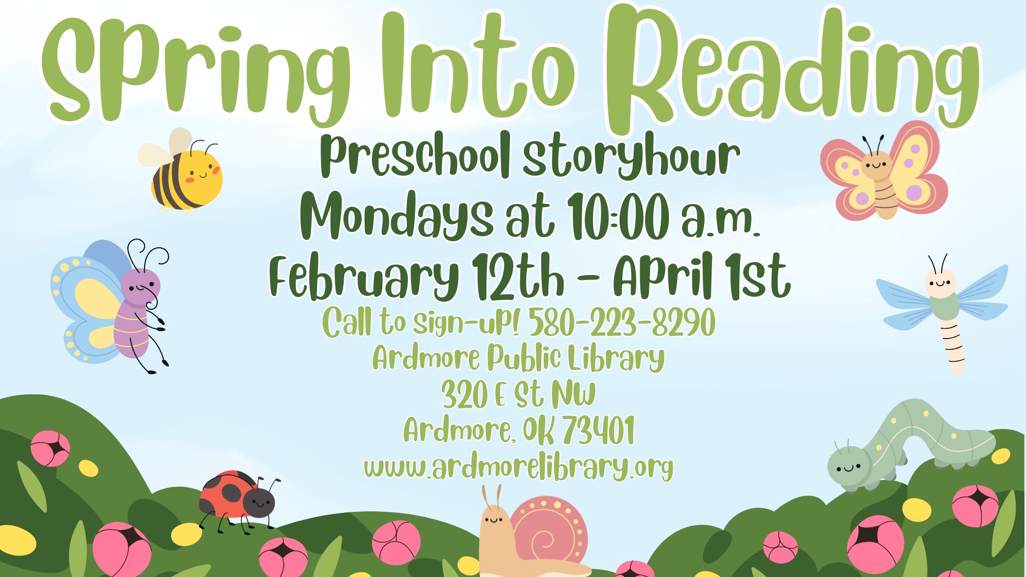 spring storyhour information : begins February 12, on Mondays at 10 a.m.