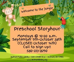 Fall preschool story hour begins September 9.